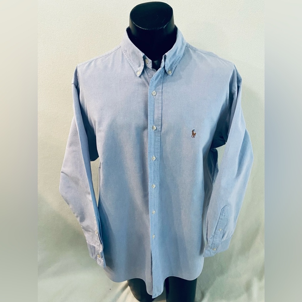 Polo Ralph Lauren Shirt Mens 17.5x34 Yarmouth Blue Long Sleeve Flesh Pony EUC